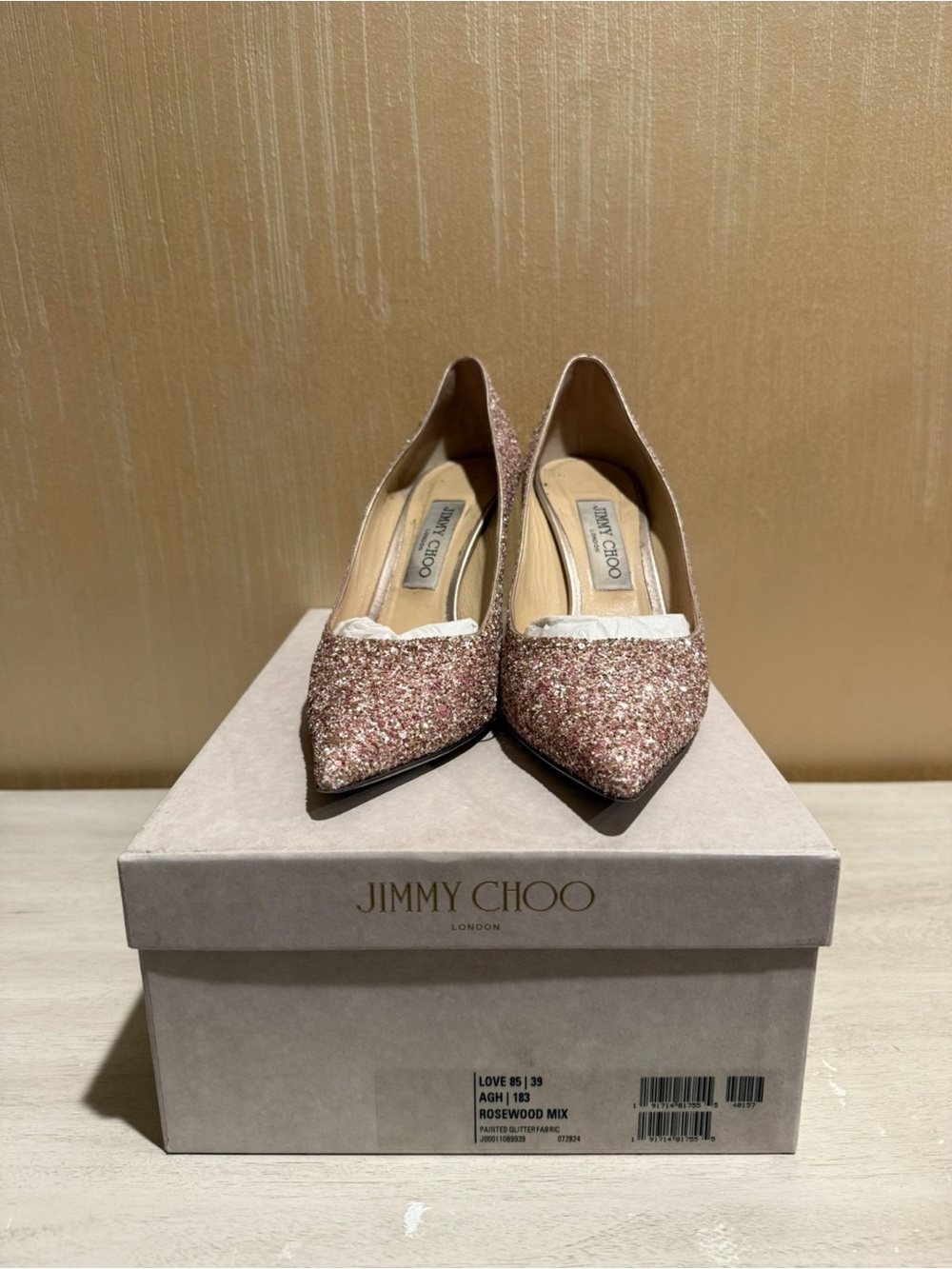 Jimmy Choo Rose Gold Glitter Pointed Pumps